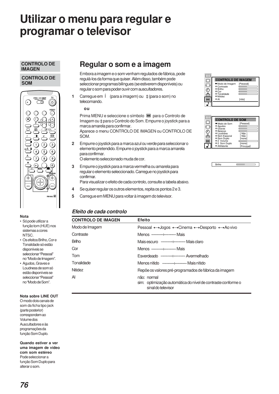 Sony KL-40WA1 Utilizar o menu para regular e programar o televisor, Regular o som e a imagem, Efeito, Controlo DE Imagem 