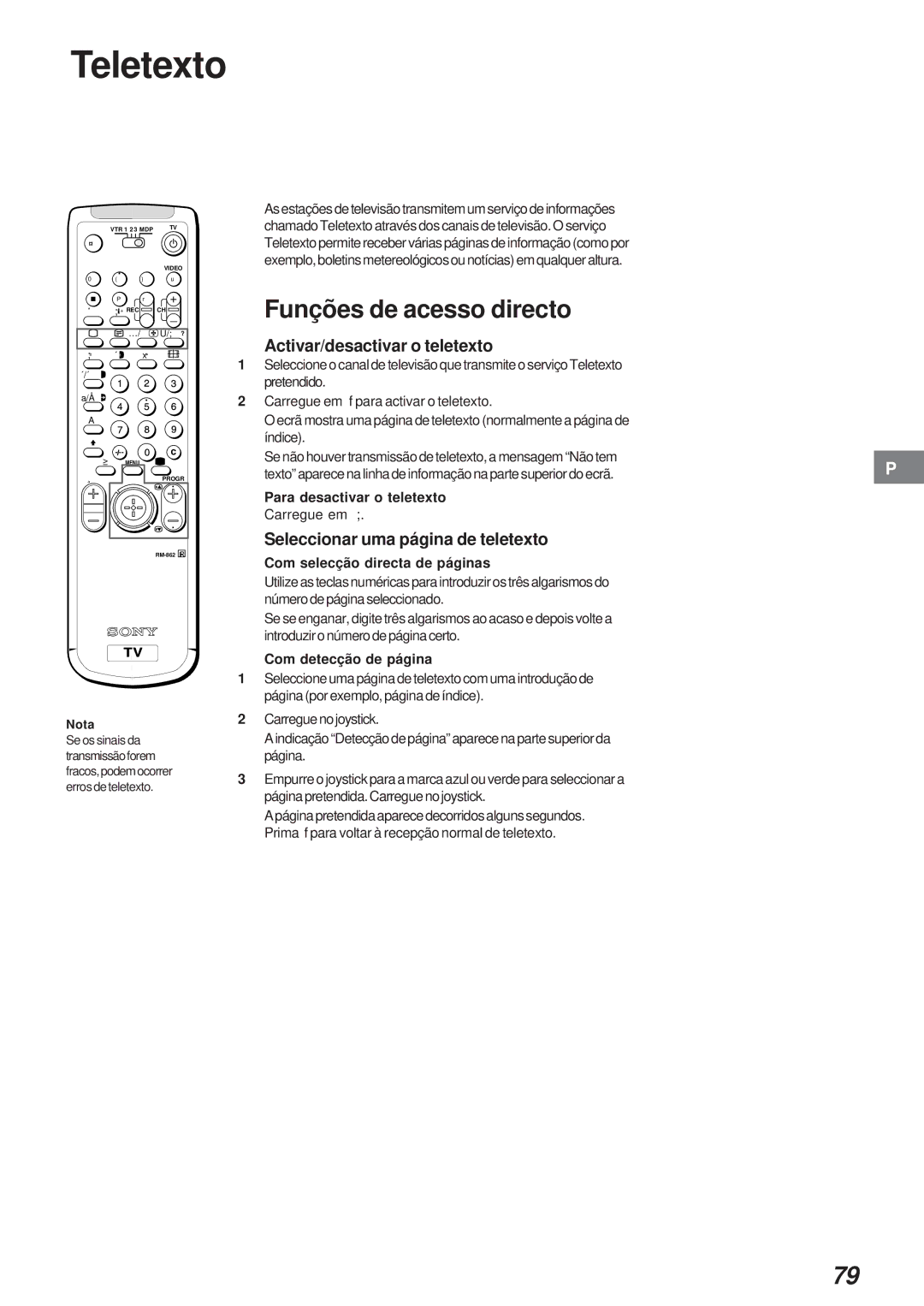 Sony KL-40WA1 Funções de acesso directo, Activar/desactivar o teletexto, Seleccionar uma página de teletexto 