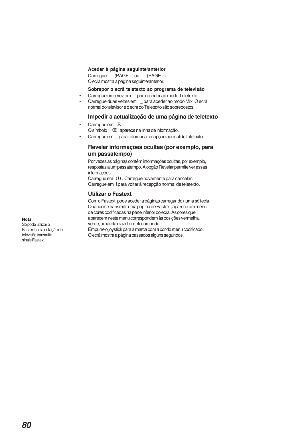 Sony KL-40WA1 Impedir a actualização de uma página de teletexto, Utilizar o Fastext, Aceder à página seguinte/anterior 