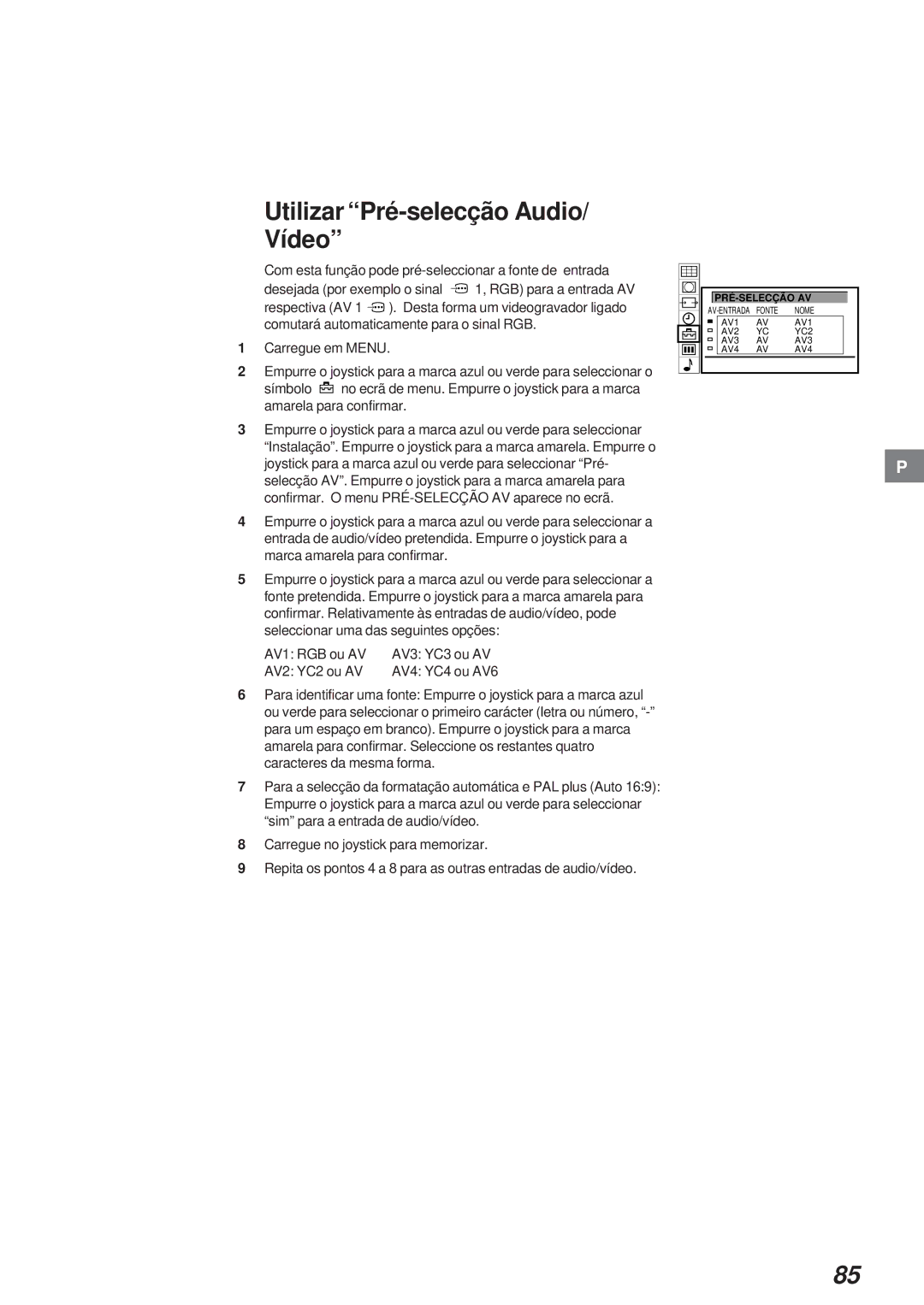 Sony KL-40WA1 operating instructions Utilizar Pré-selecção Audio Vídeo, Pré-Selecção Av 