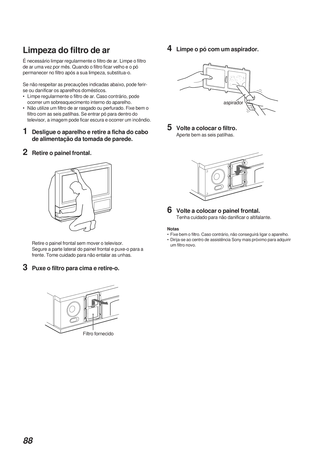 Sony KL-40WA1 operating instructions Limpeza do filtro de ar 