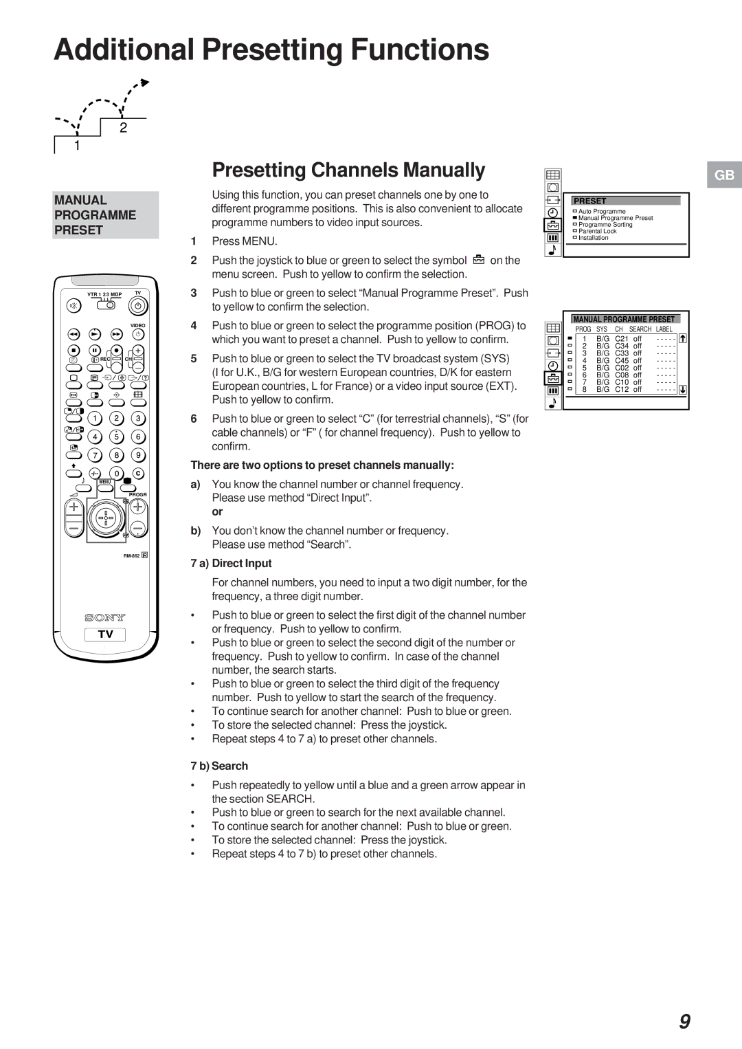 Sony KL-40WA1 operating instructions Additional Presetting Functions, Presetting Channels Manually, Direct Input, Search 