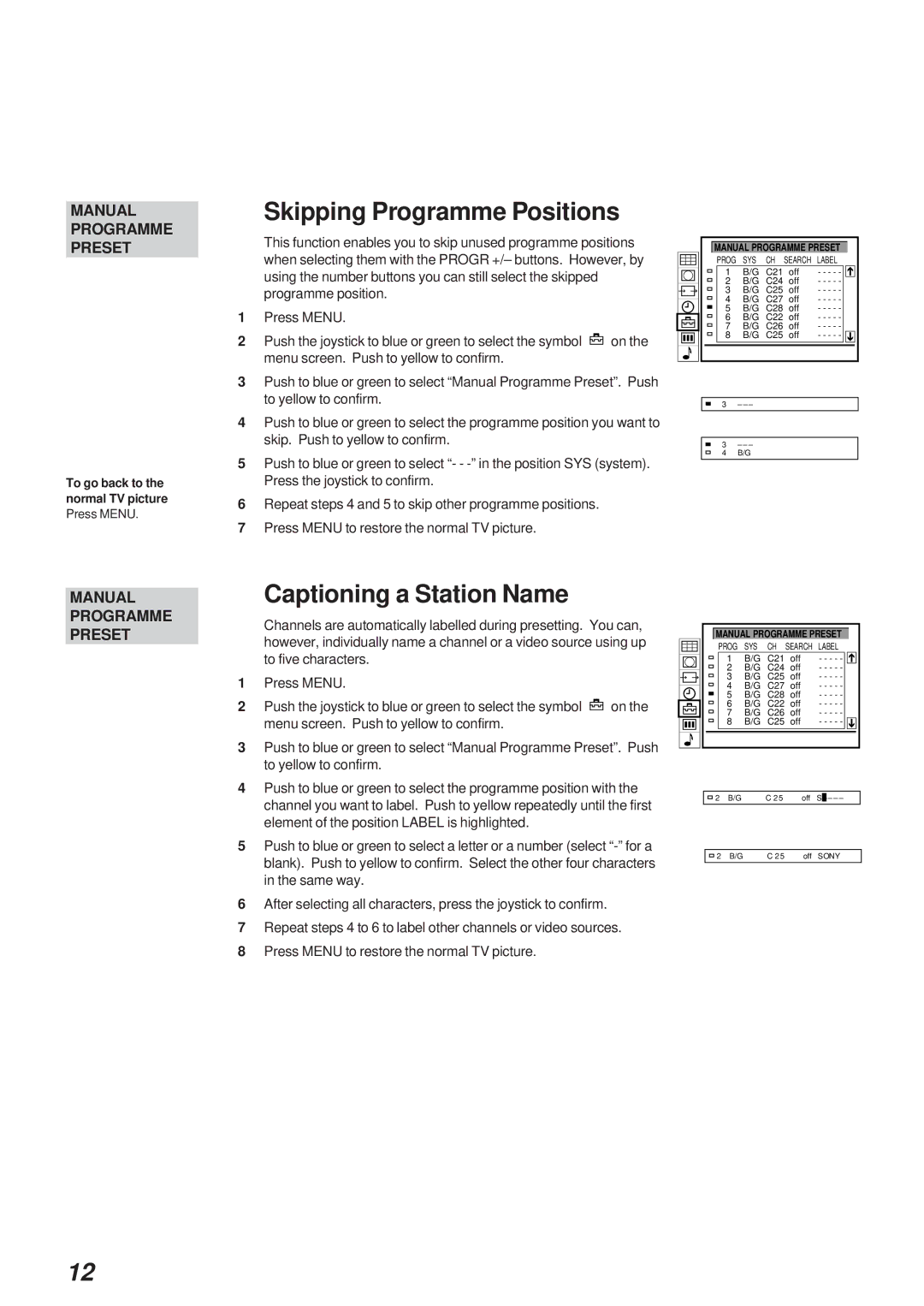 Sony KL-40WA1K operating instructions Skipping Programme Positions, Captioning a Station Name 