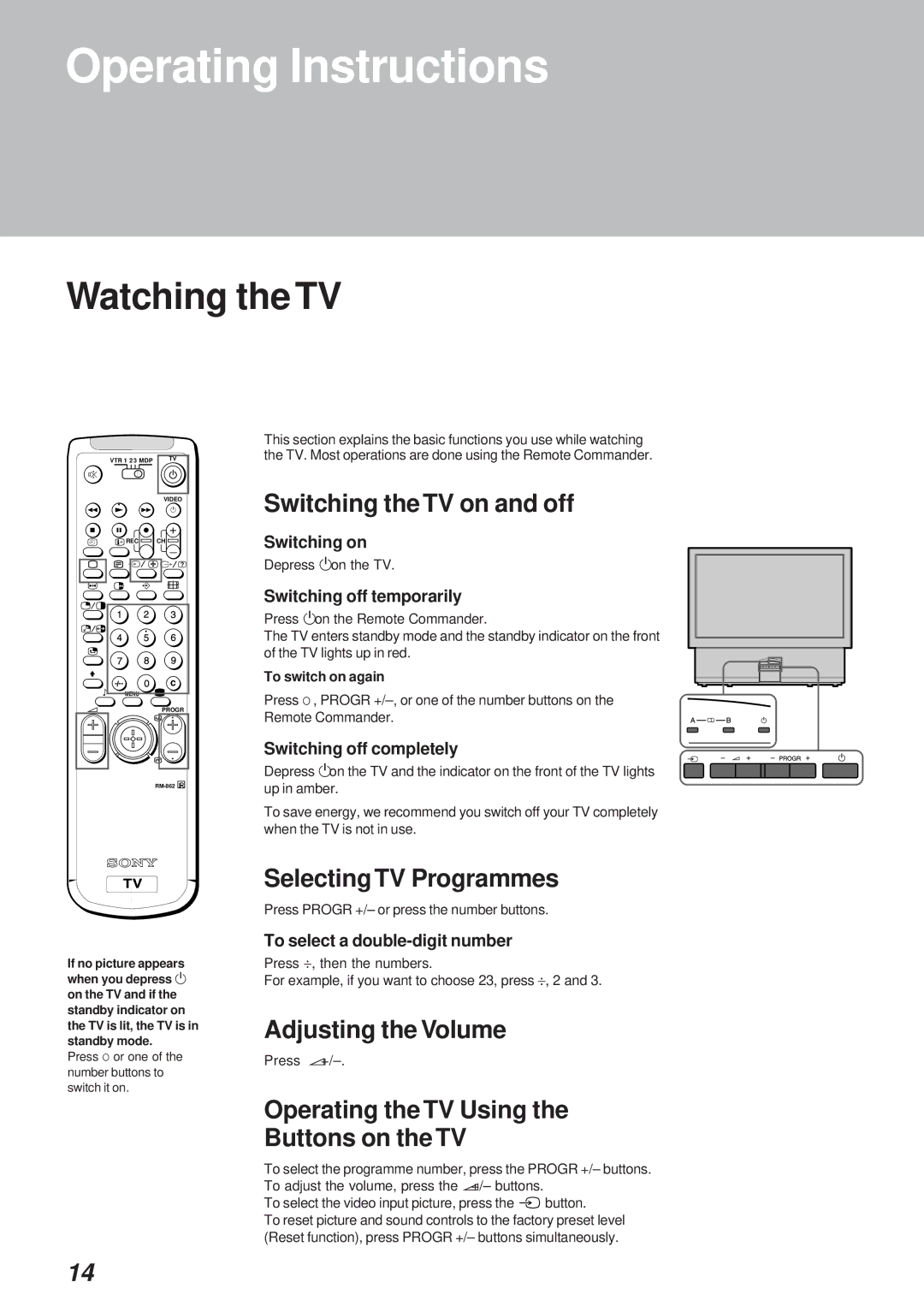 Sony KL-40WA1K Watching the TV, Switching the TV on and off, Selecting TV Programmes, Adjusting the Volume 