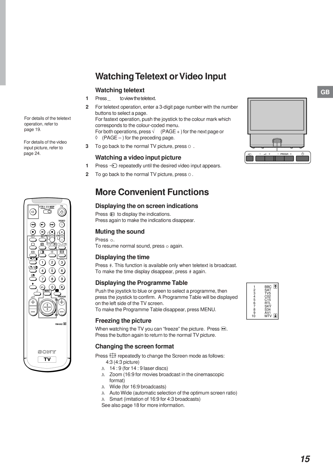 Sony KL-40WA1K operating instructions Watching Teletext or Video Input, More Convenient Functions 