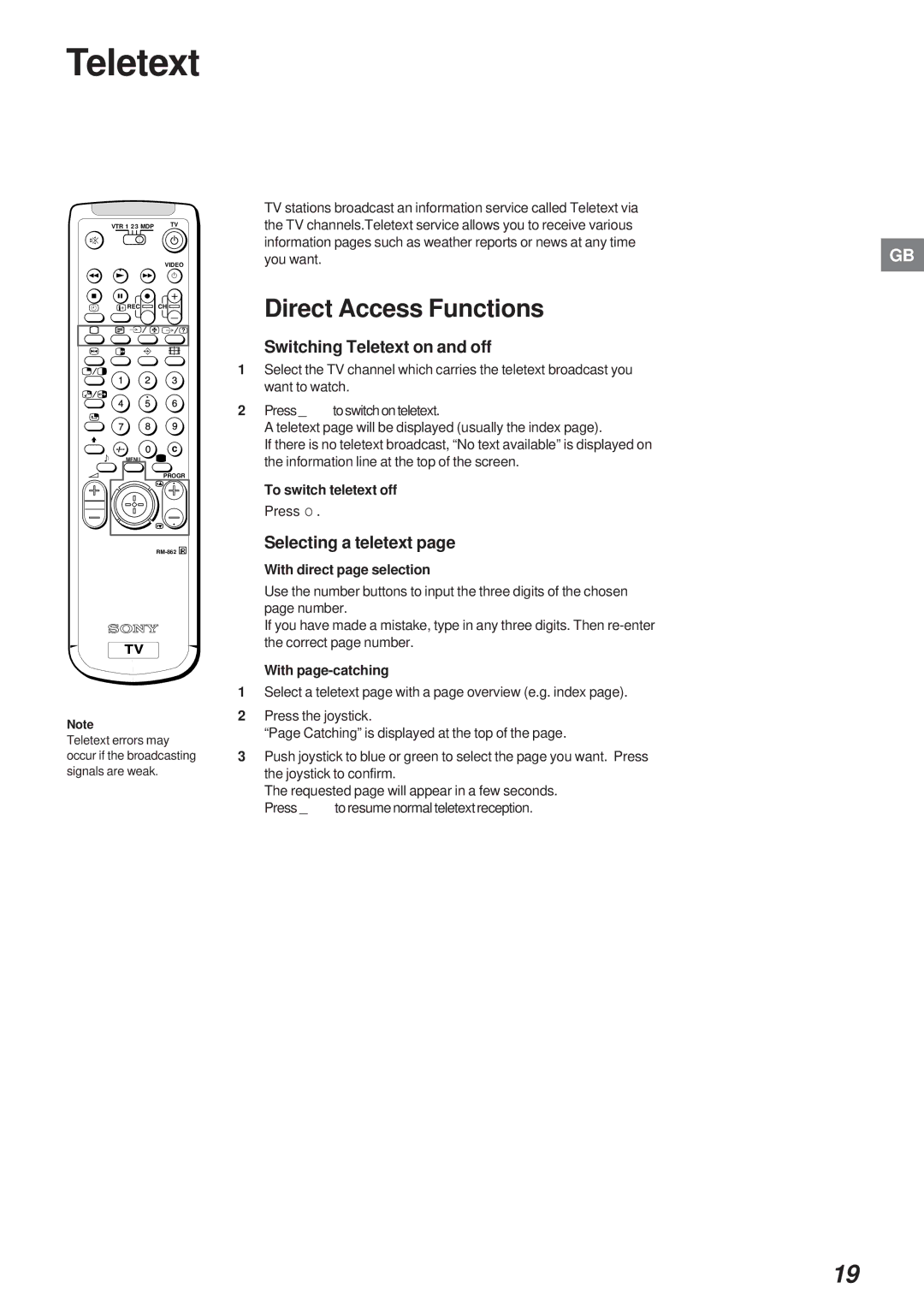 Sony KL-40WA1K operating instructions Direct Access Functions, Switching Teletext on and off, Selecting a teletext 