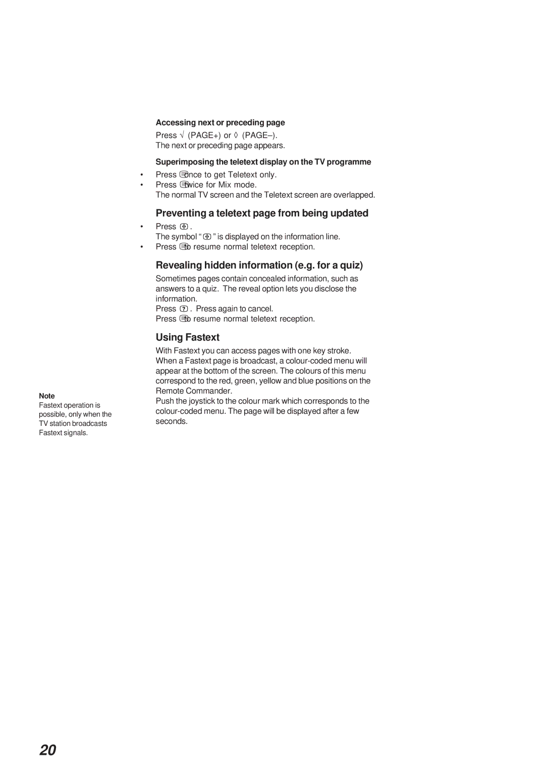 Sony KL-40WA1K Preventing a teletext page from being updated, Revealing hidden information e.g. for a quiz, Using Fastext 