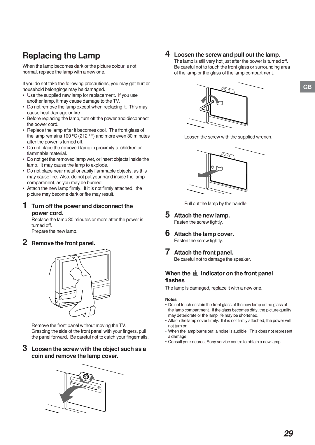 Sony KL-40WA1K operating instructions Replacing the Lamp, Turn off the power and disconnect the power cord 