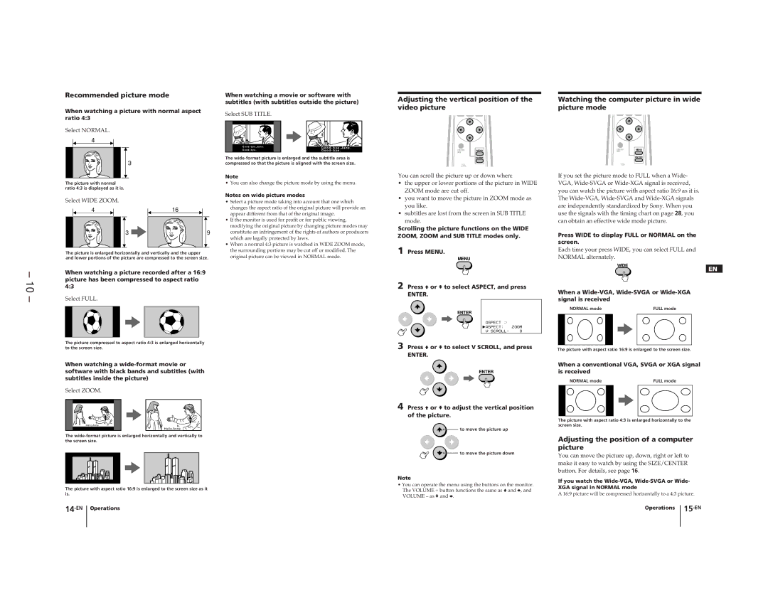 Sony KL-W9000 service manual Recommended picture mode, Adjusting the vertical position of the video picture 