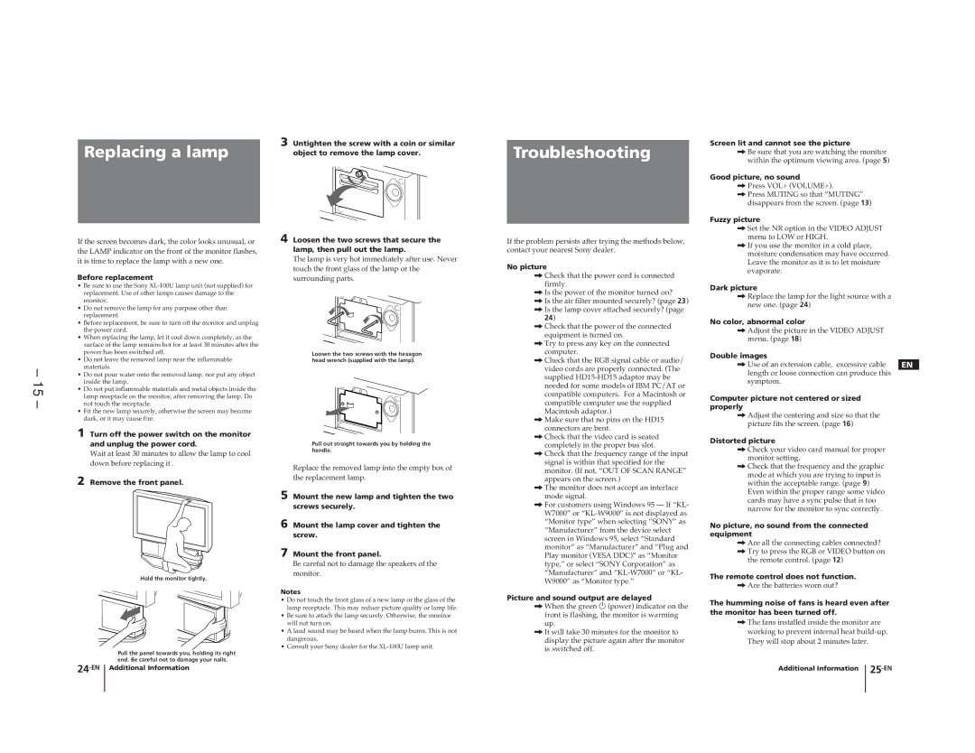 Sony KL-W9000 service manual Replacing a lamp, Troubleshooting 