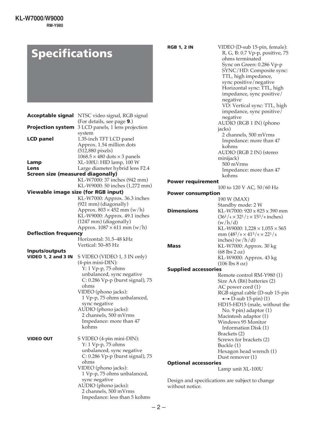 Sony KL-W9000 service manual Specifications 