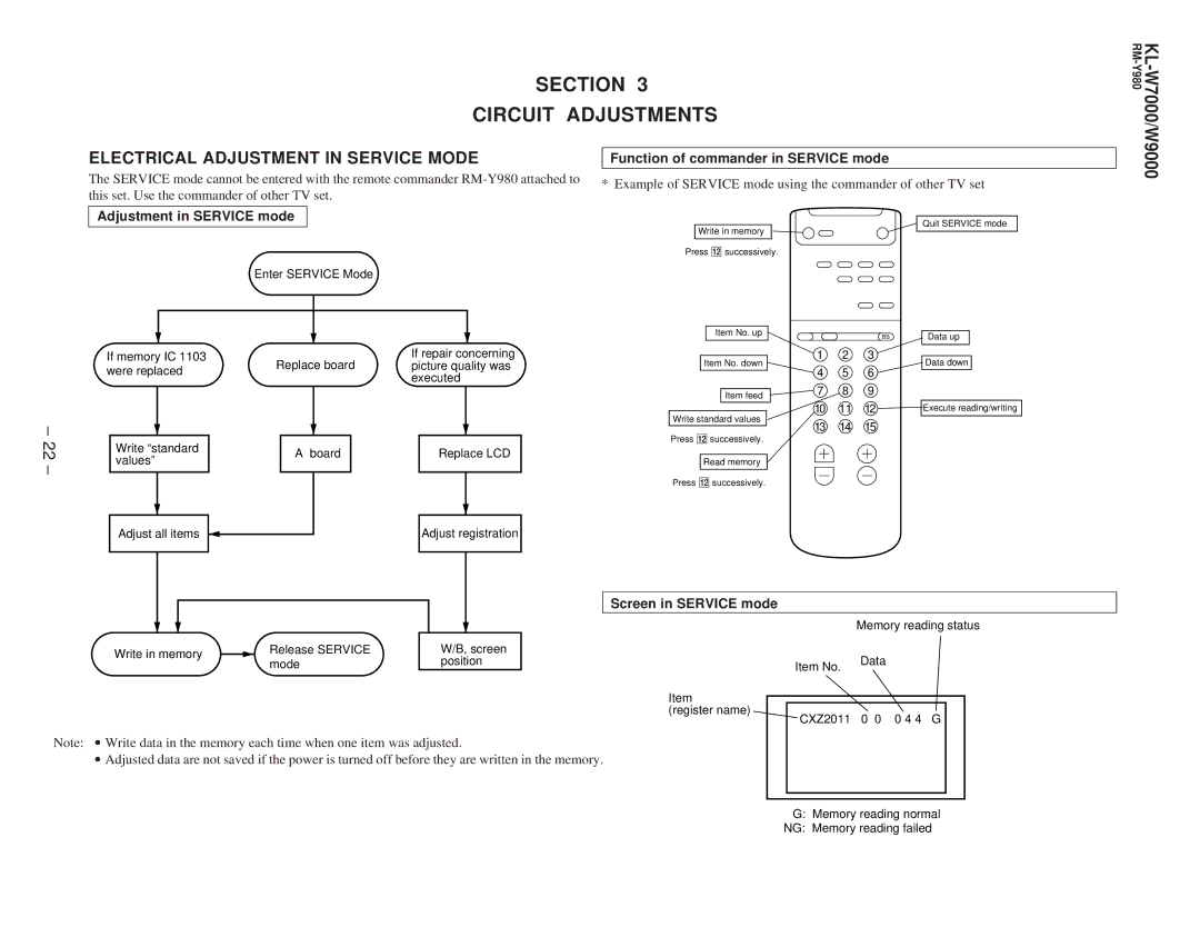 Sony KL-W9000 service manual Adjustment in Service mode, Function of commander in Service mode, Screen in Service mode 