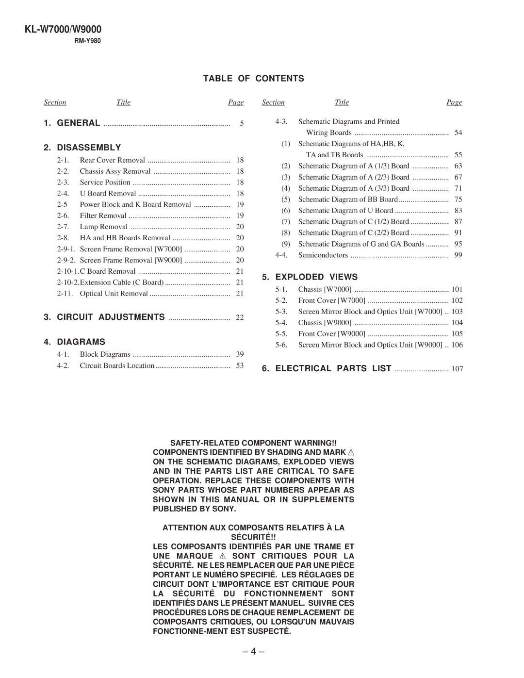 Sony KL-W9000 service manual Table of Contents 