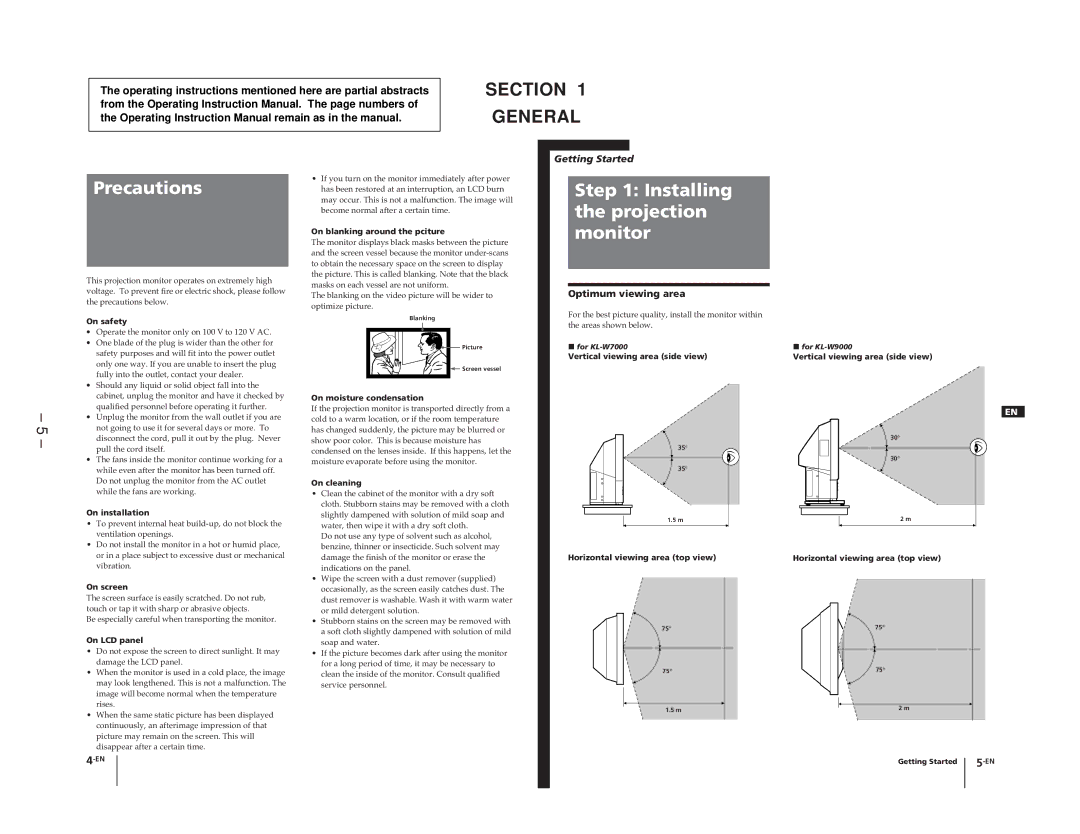 Sony KL-W9000 service manual Precautions, Installing the projection monitor, Optimum viewing area 