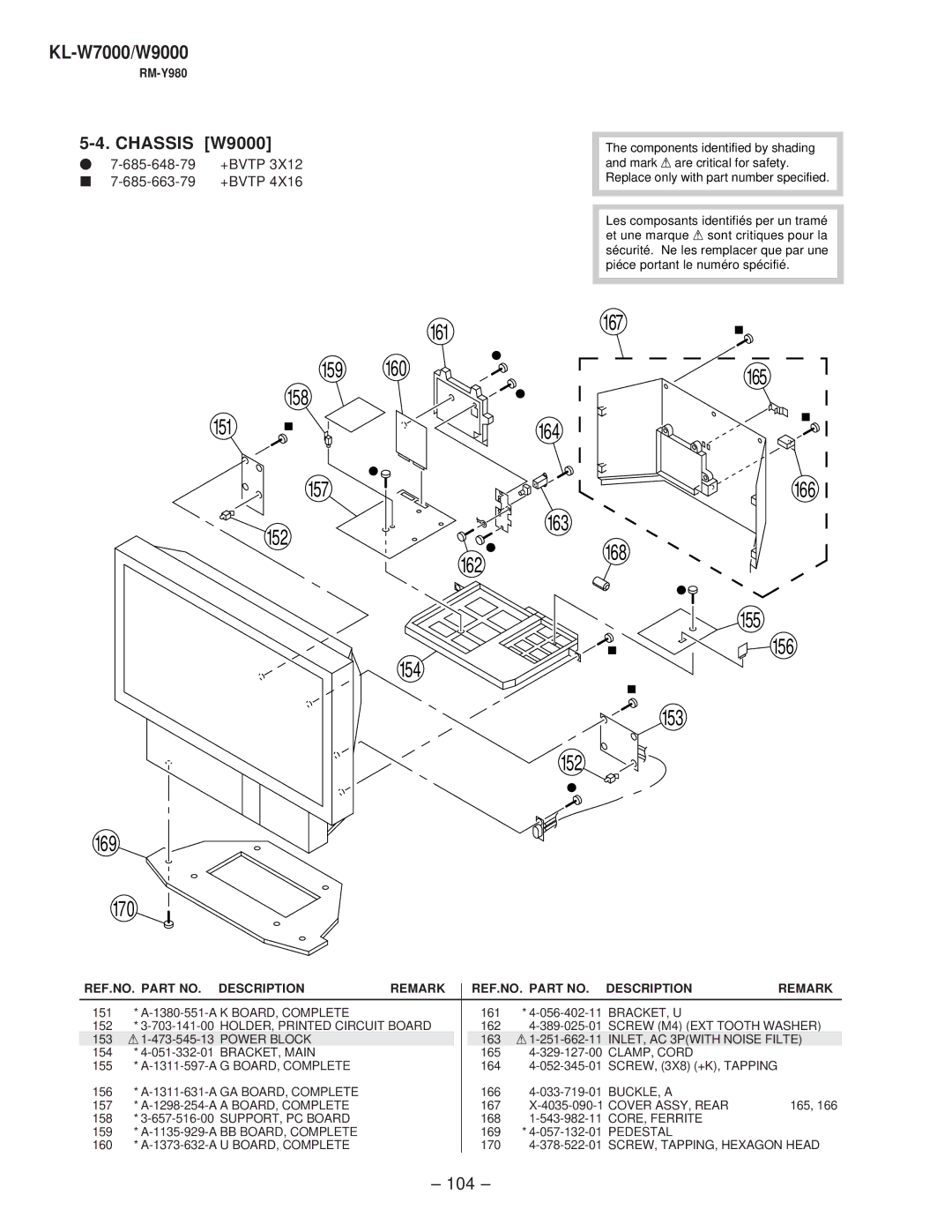 Sony KL-W9000 service manual CLAMP, Cord, BB BOARD, Complete, Pedestal, SCREW, TAPPING, Hexagon Head 