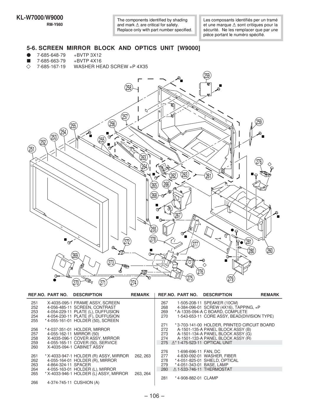 Sony KL-W9000 Holder 50, Screen, Cover 50, Service, Holder R ASSY, Mirror, Holder R, Mirror, Spacer, Holder L, Mirror 