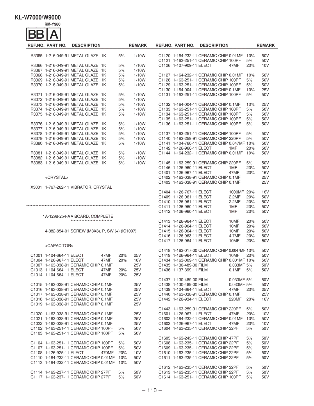 Sony KL-W9000 Ceramic Chip 0.01MF, Ceramic Chip 100PF, Ceramic Chip 220PF, Elect 1MF, VIBRATOR, Crystal, Film 