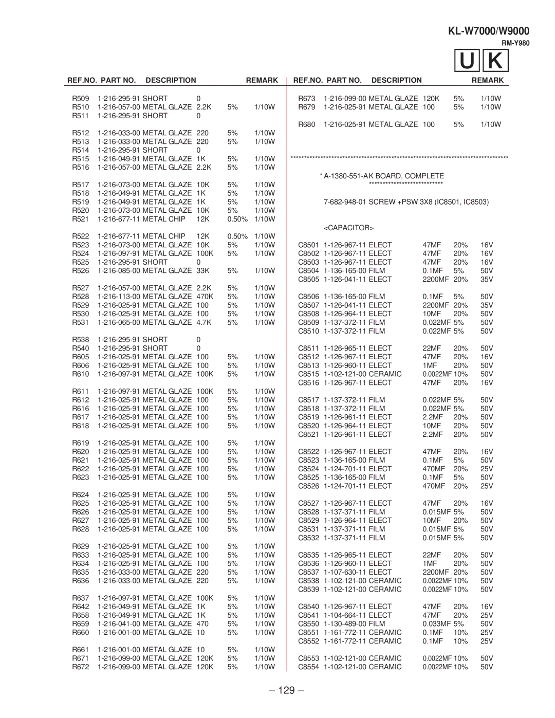 Sony KL-W9000 service manual Metal Glaze, AK BOARD, Complete 