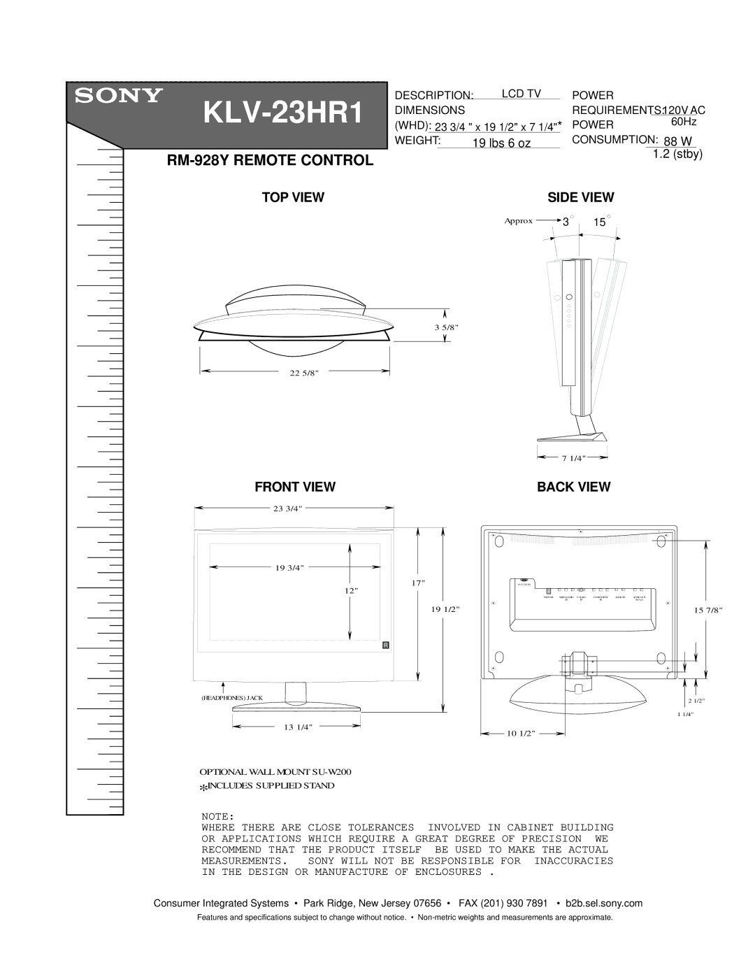 Sony KLV-23HR1 dimensions RM-928Y Remote Control, TOP View Side View, Front View, Back View 