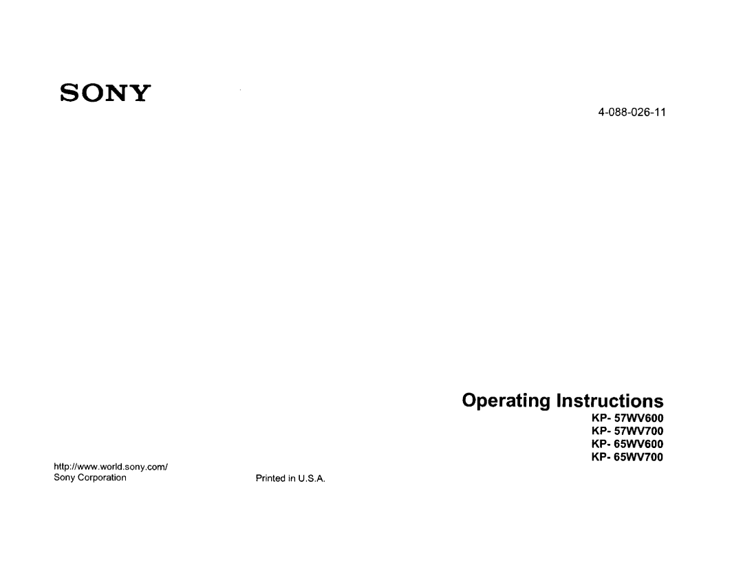 Sony KP- 65WV700, KP- 57WV700, KP- 57WV600, KP- 65WV600 operating instructions Sony Corporation 