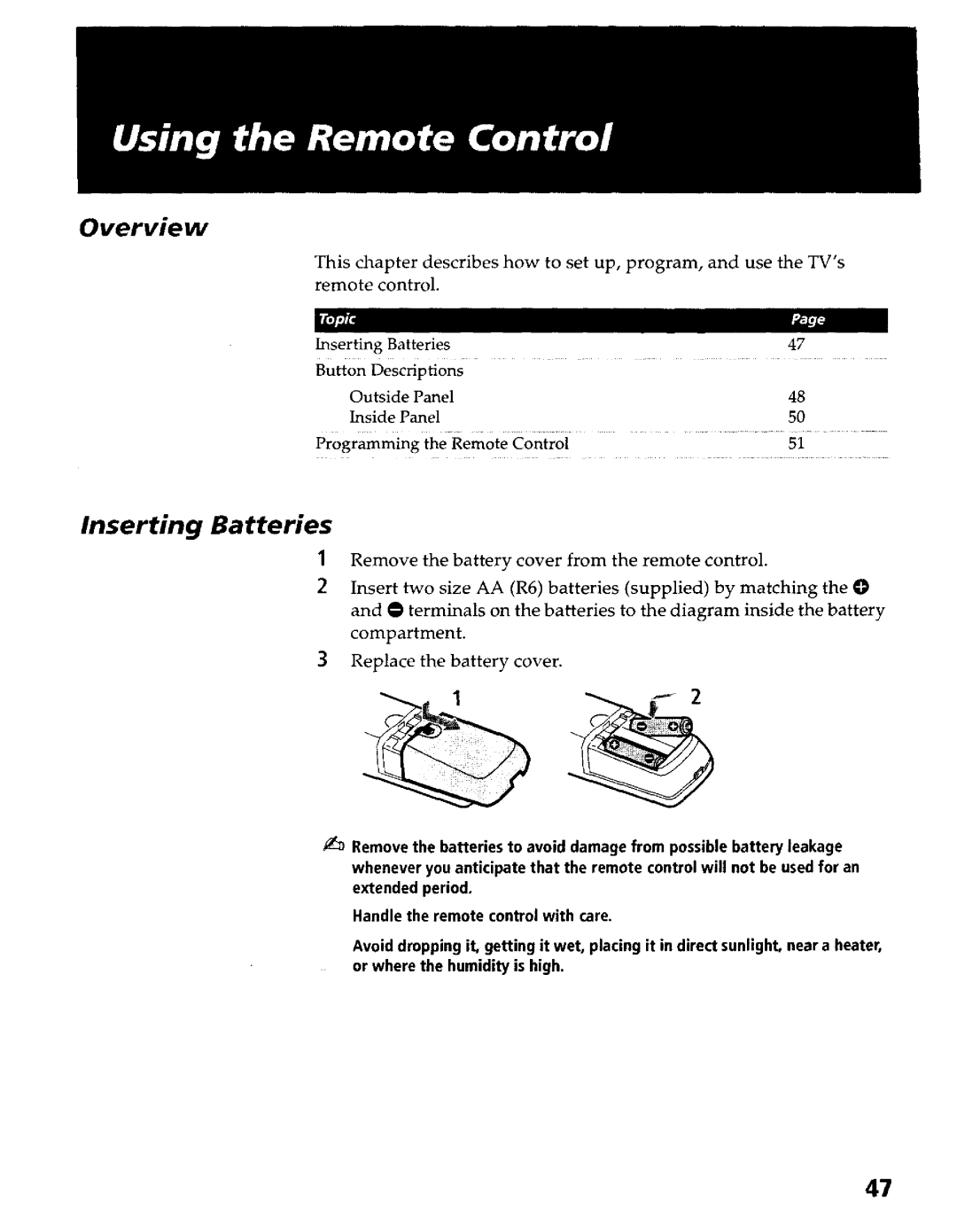 Sony KP- 57WV700, KP- 65WV700, KP- 57WV600, KP- 65WV600 operating instructions Overview, Inserting Batteries 