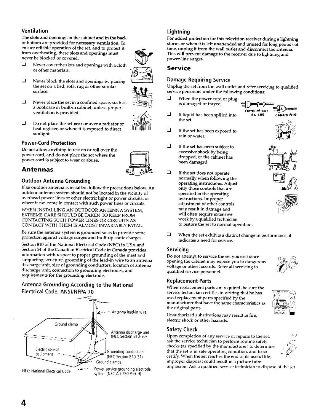 Sony KP- 65WV700, KP- 57WV700, KP- 57WV600 Ventilation, Antennas Outdoor Antenna Grounding, Lightning, Service, Servicing 