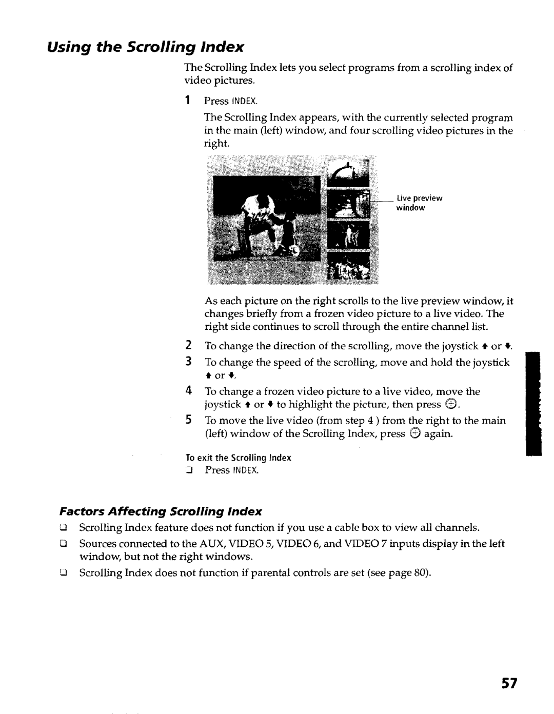 Sony KP- 57WV600 Using the Scrolling Index, Press Index, Live preview window, To exit the Scrolling Index, AUX Video 