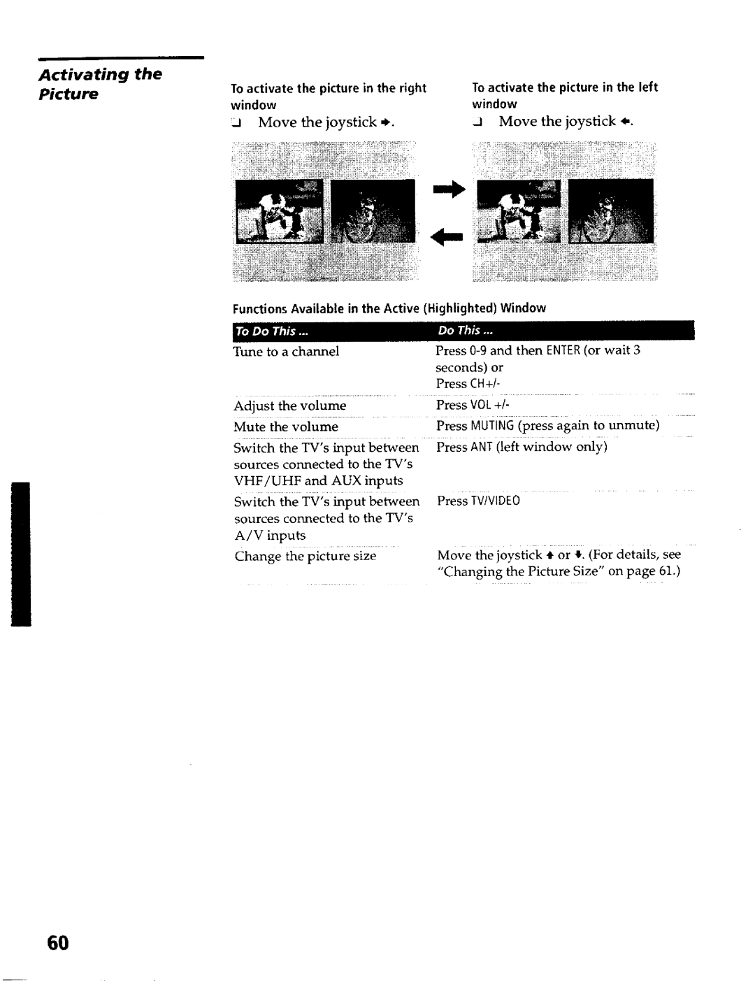 Sony KP- 65WV700, KP- 57WV700 Activating the Picture, To activate Picture in the right Left Window, Move Joystick, Ch+J 