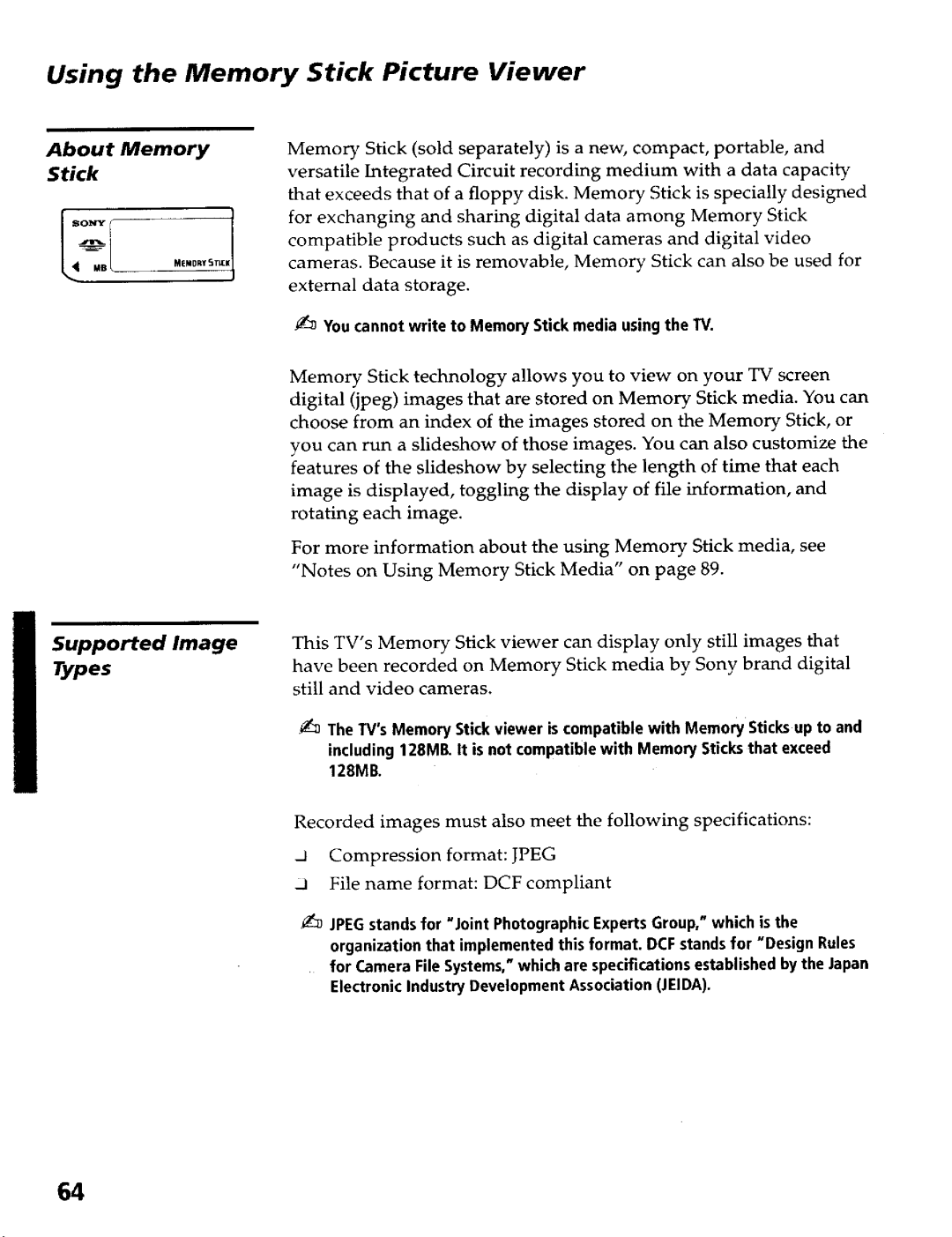 Sony KP- 65WV700, KP- 57WV700 Using the Memory Stick Picture Viewer, About Memory Stick, Supported Image, Types 