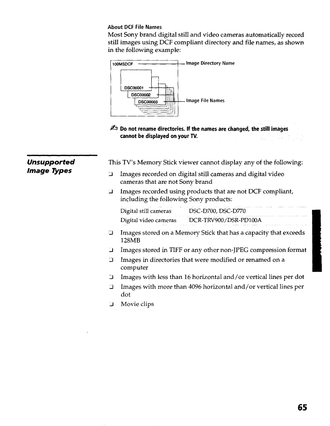 Sony KP- 57WV600, KP- 57WV700, KP- 65WV700, KP- 65WV600 Unsupported Image Types, Display, Following, Dcf, Tiff 