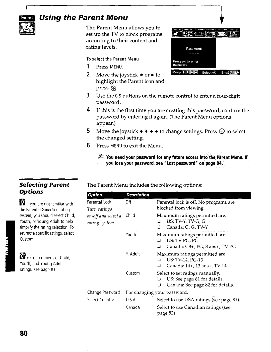 Sony KP- 65WV700, KP- 57WV700 Using the Parent Menu, Parent Menu includes the following options, To select the Parent Menu 