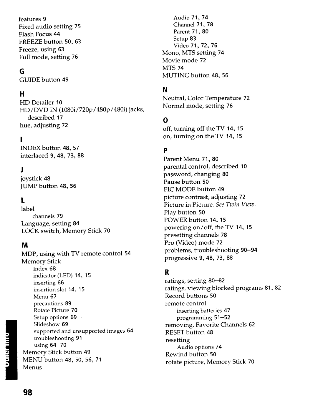 Sony KP- 65WV600, KP- 57WV700, KP- 65WV700, KP- 57WV600 operating instructions Freeze, Menu button 48, 50, 56 