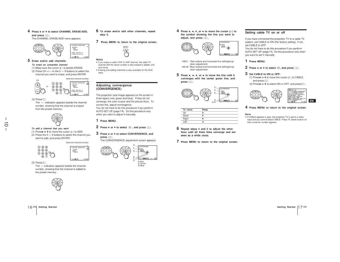 Sony KP-41T65C service manual Adjusting convergence, Setting cable TV on or off, Press Vor vto select Channel ERASE/ADD 