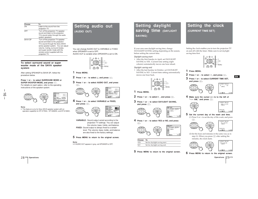 Sony KP-41T65C service manual Setting audio out, Setting daylight Setting the clock Saving time Daylight 