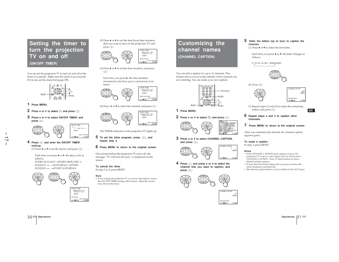 Sony KP-41T65C service manual Setting the timer to turn the projection TV on and off, Customizing the channel names 