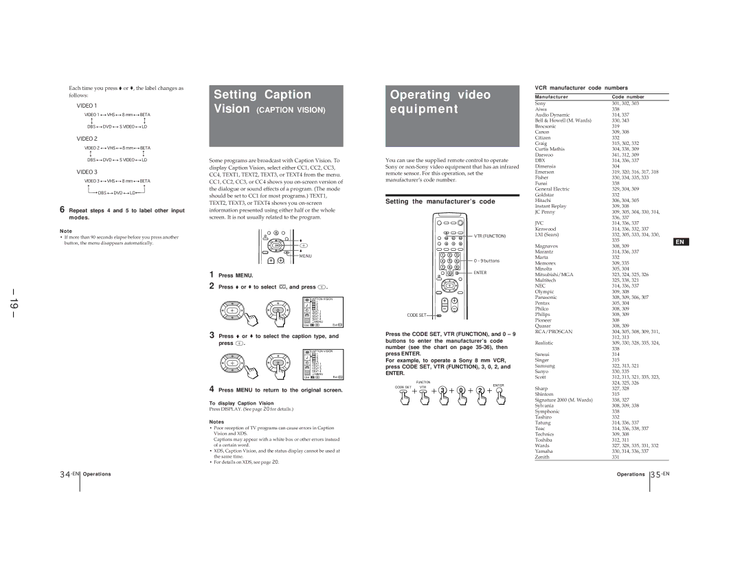 Sony KP-41T65C service manual Setting Caption, Operating video equipment, Setting the manufacturer’s code 