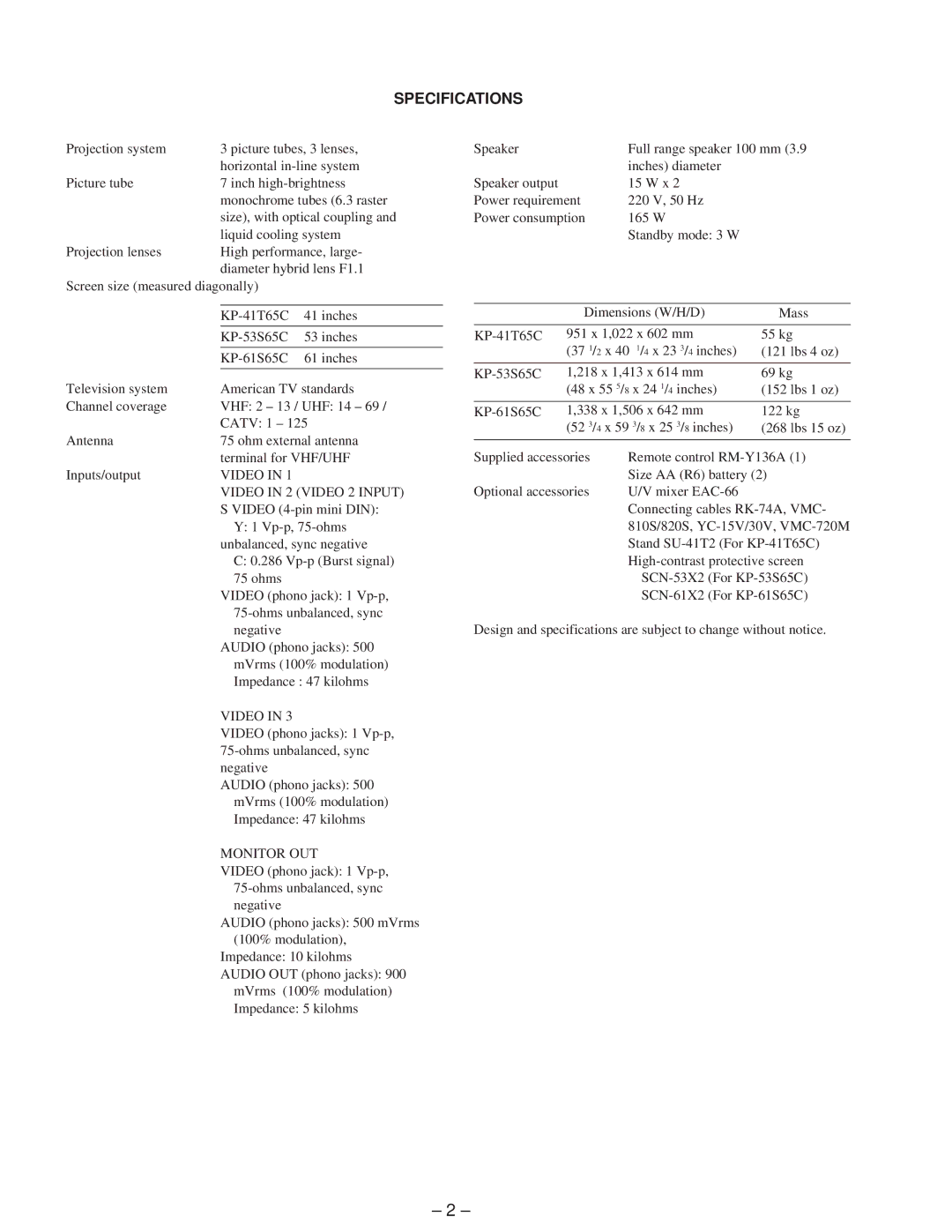 Sony KP-41T65C service manual Specifications, Video Video in 2 Video 2 Input 