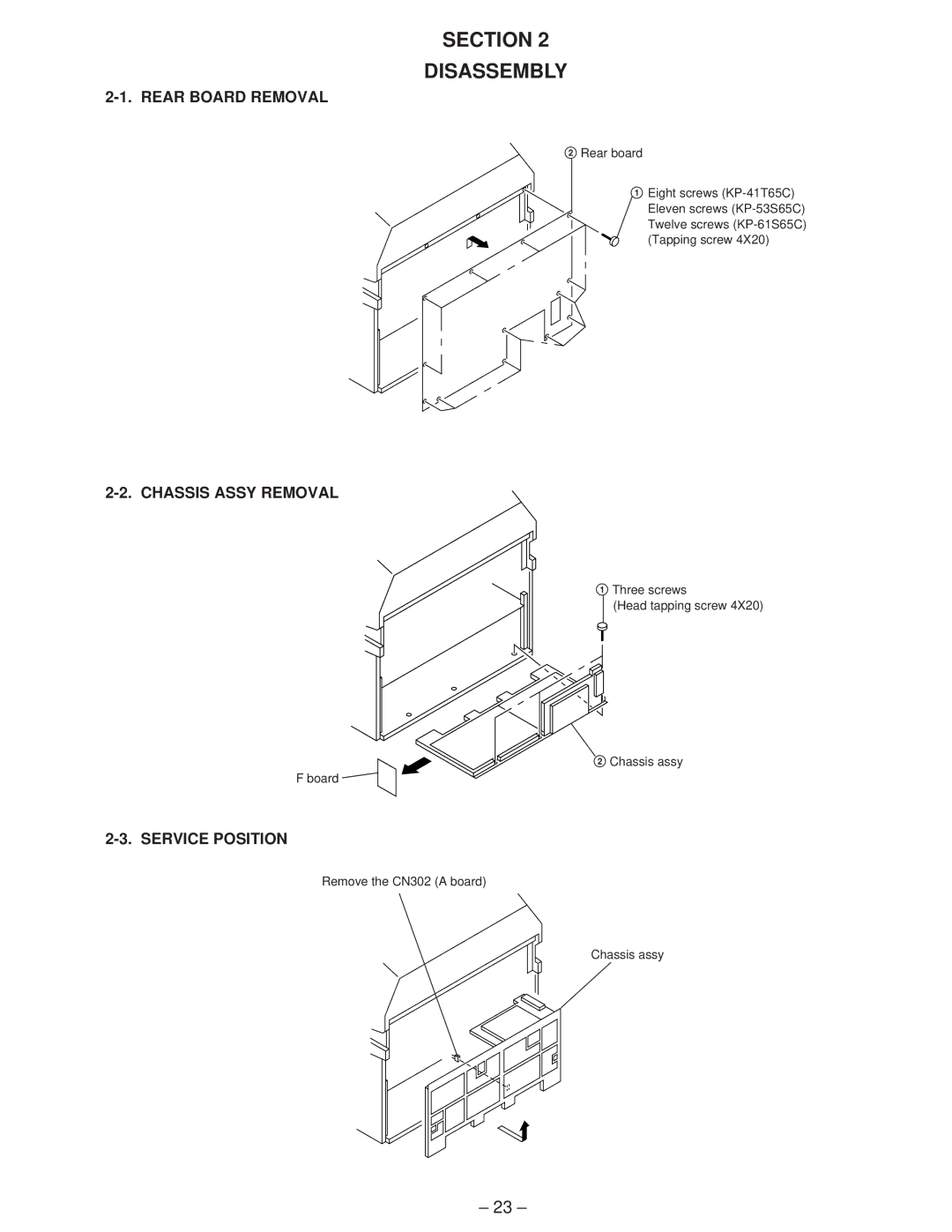 Sony KP-41T65C service manual Rear Board Removal, Chassis Assy Removal, Service Position 