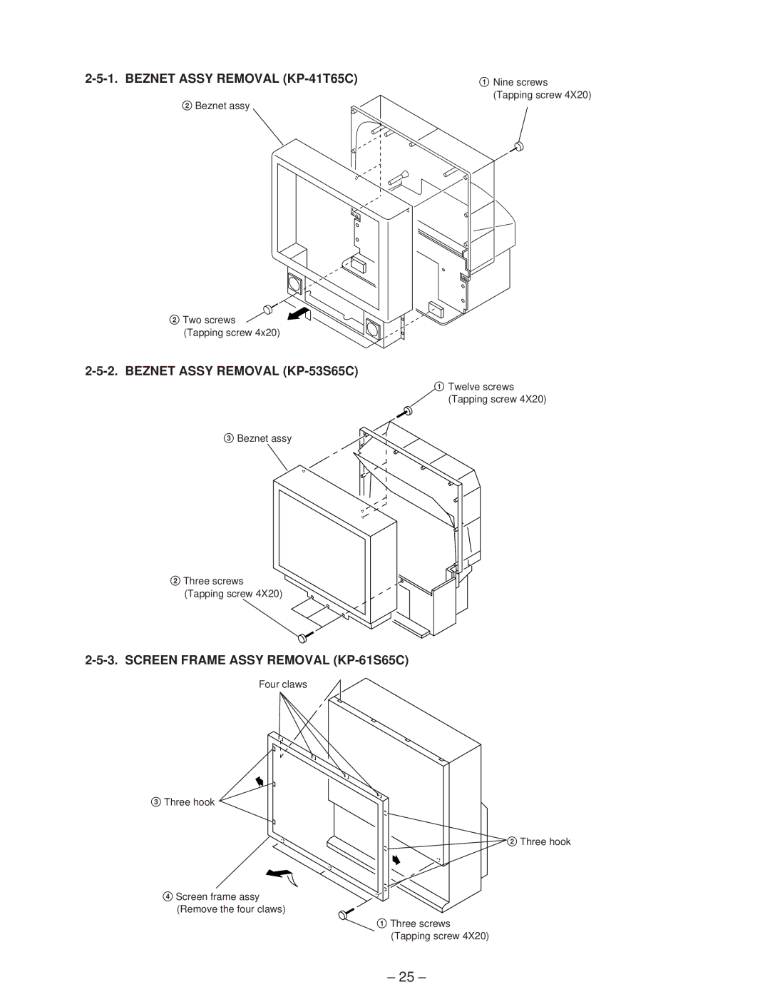 Sony service manual Beznet Assy Removal KP-41T65C, Beznet Assy Removal KP-53S65C, Screen Frame Assy Removal KP-61S65C 