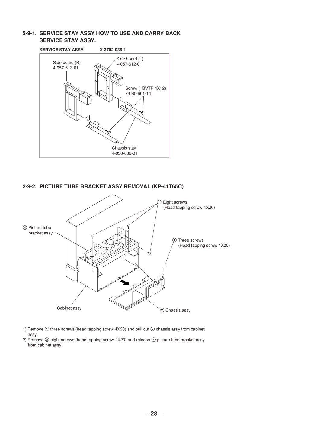 Sony service manual Picture Tube Bracket Assy Removal KP-41T65C 