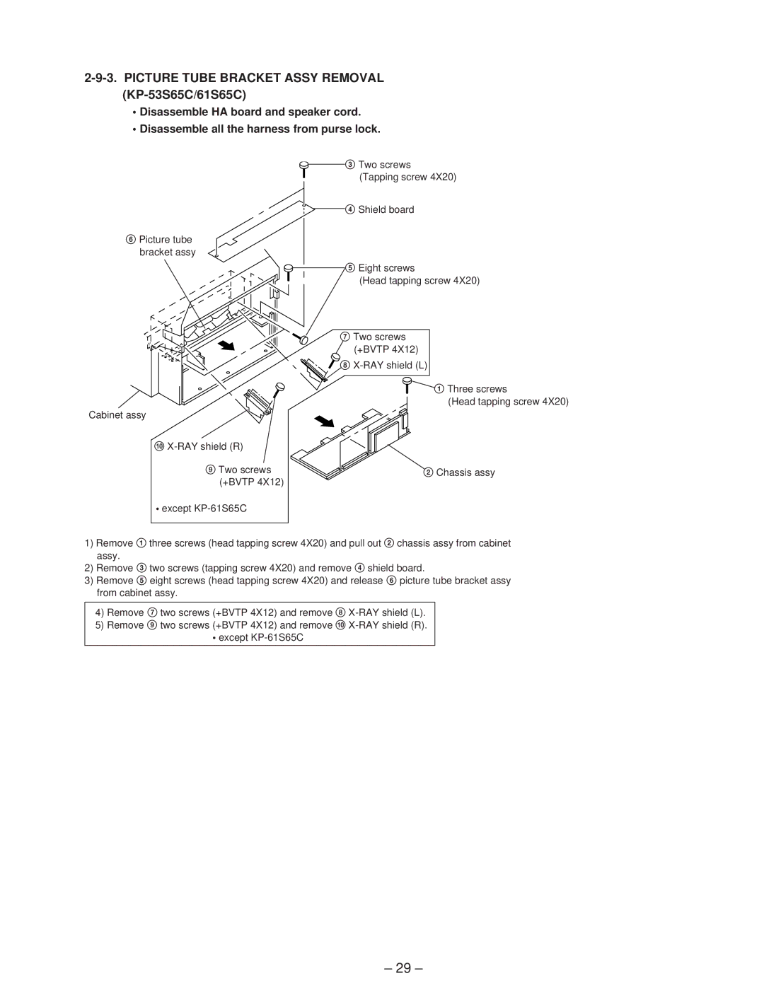 Sony KP-41T65C service manual Picture Tube Bracket Assy Removal KP-53S65C/61S65C 