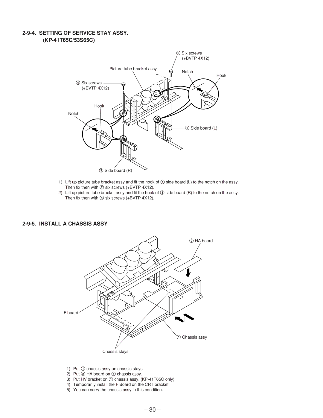 Sony service manual Setting of Service Stay ASSY. KP-41T65C/53S65C, Install a Chassis Assy 