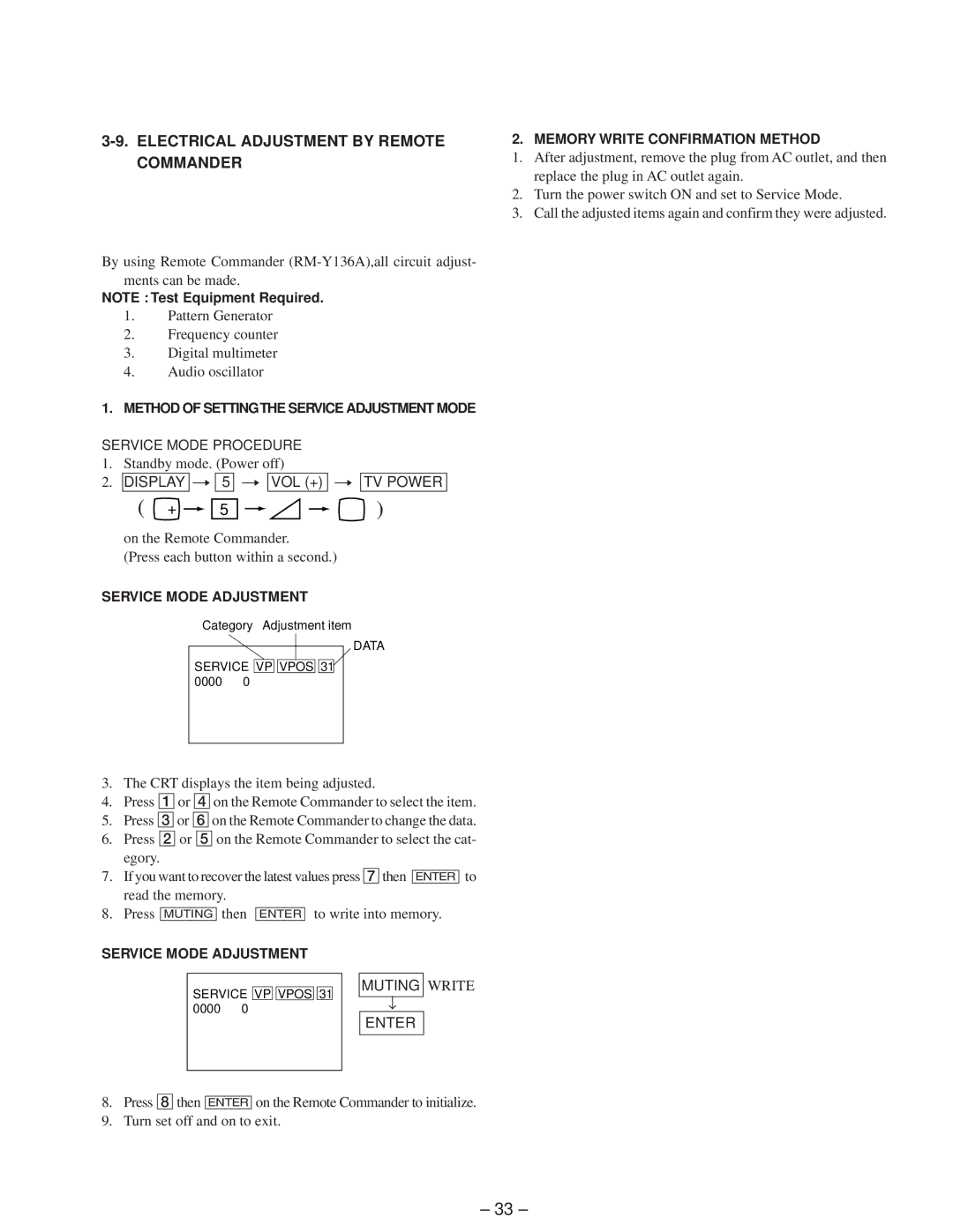 Sony KP-41T65C service manual Electrical Adjustment by Remote Commander, Display 