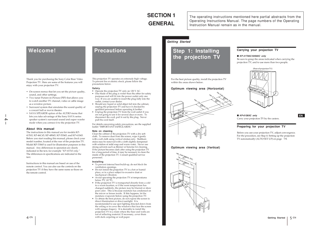 Sony KP-41T65C service manual Welcome!Precautions, Installing the projection TV 