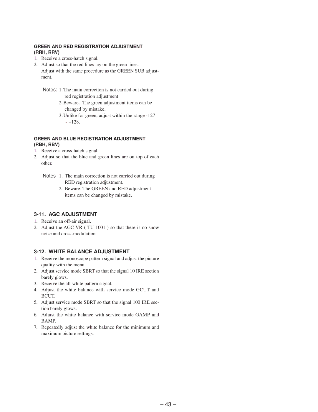 Sony KP-41T65C service manual AGC Adjustment, White Balance Adjustment 