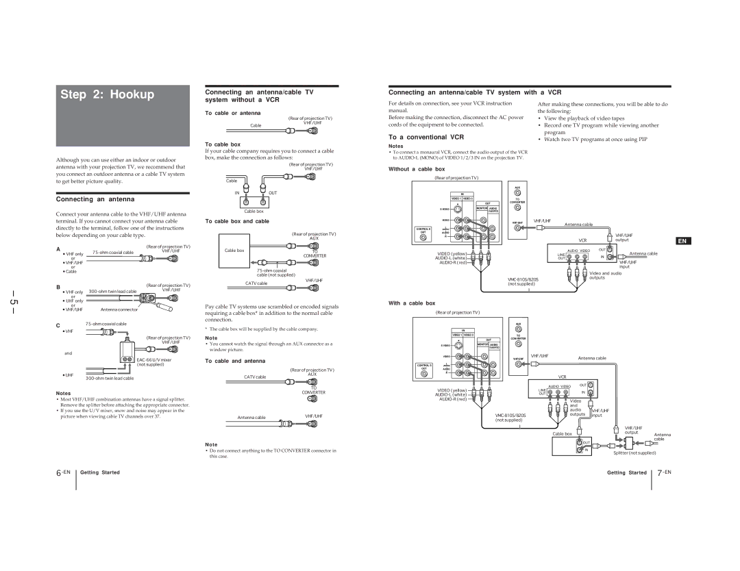 Sony KP-41T65C service manual Hookup, To a conventional VCR, Connecting an antenna 