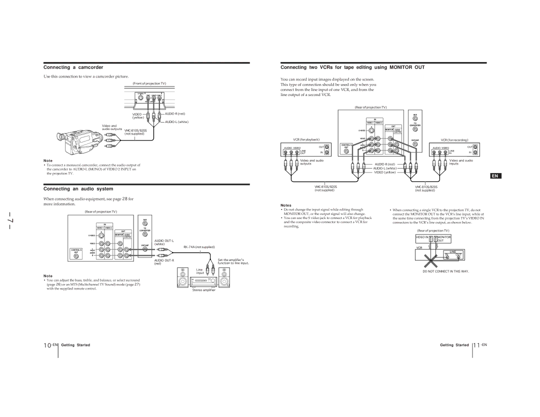 Sony KP-41T65C Connecting a camcorder, Connecting an audio system, Connecting two VCRs for tape editing using Monitor OUT 