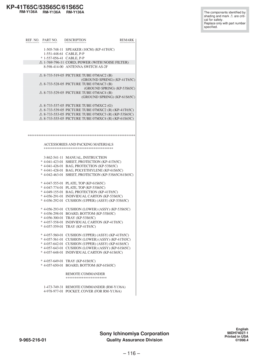 Sony KP-41T65C service manual 965-216-01, Accessories and Packing Materials MANUAL, Instruction 