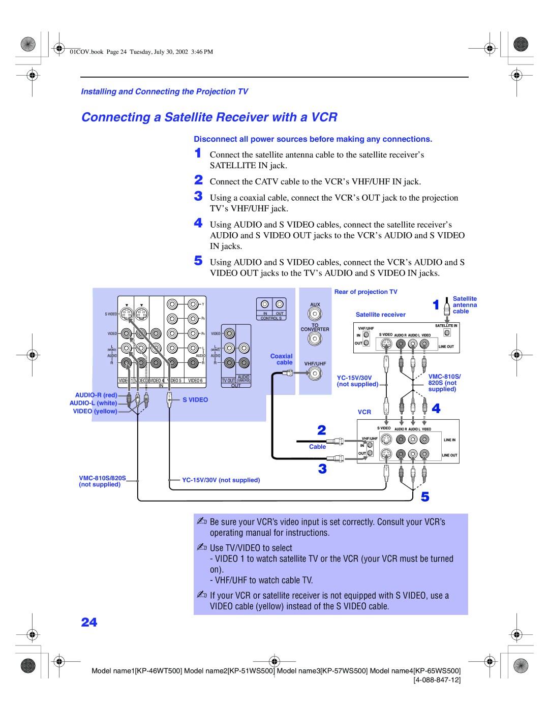 Sony KP 46WT500 manual Connecting a Satellite Receiver with a VCR 