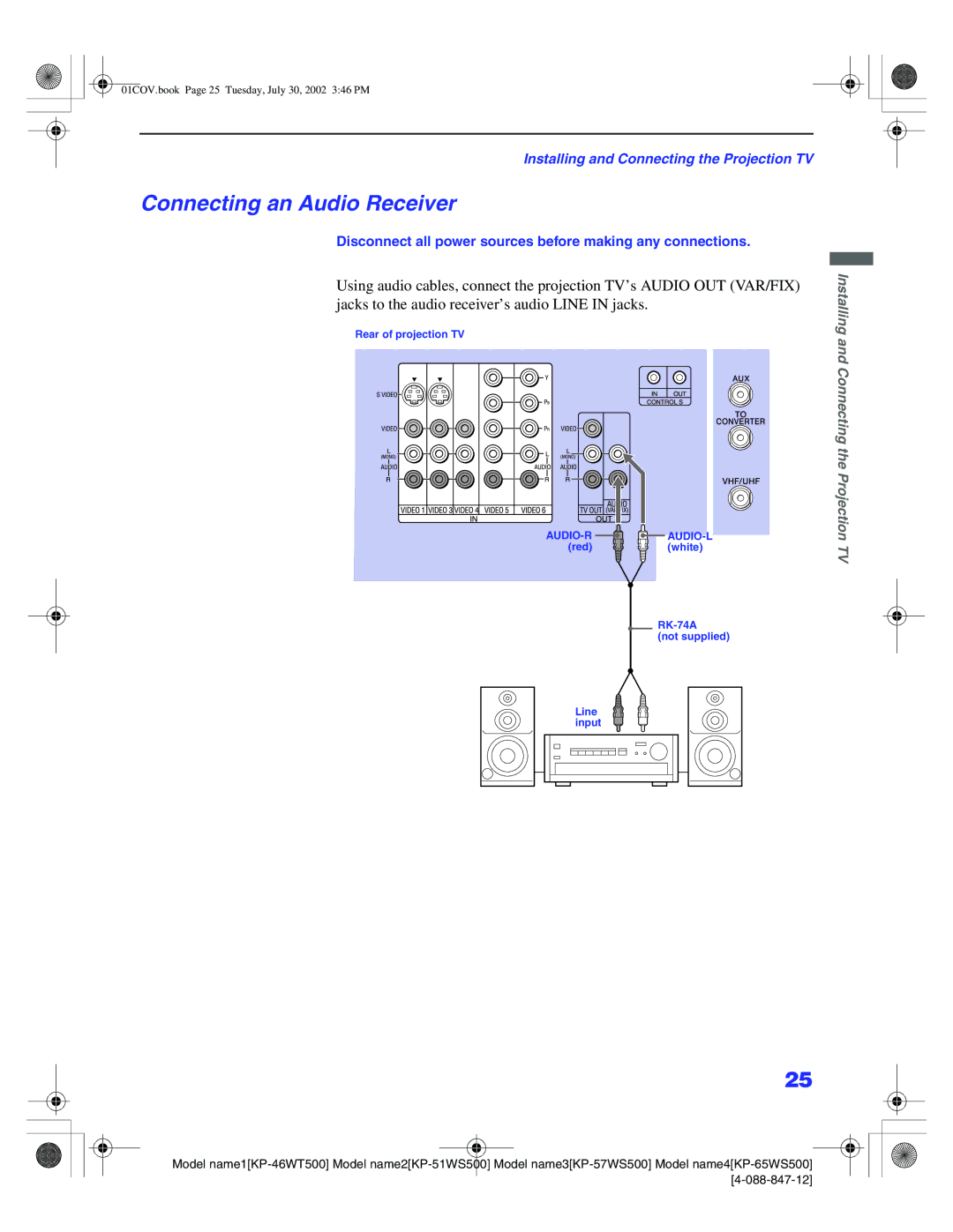 Sony KP 46WT500 manual Connecting an Audio Receiver 